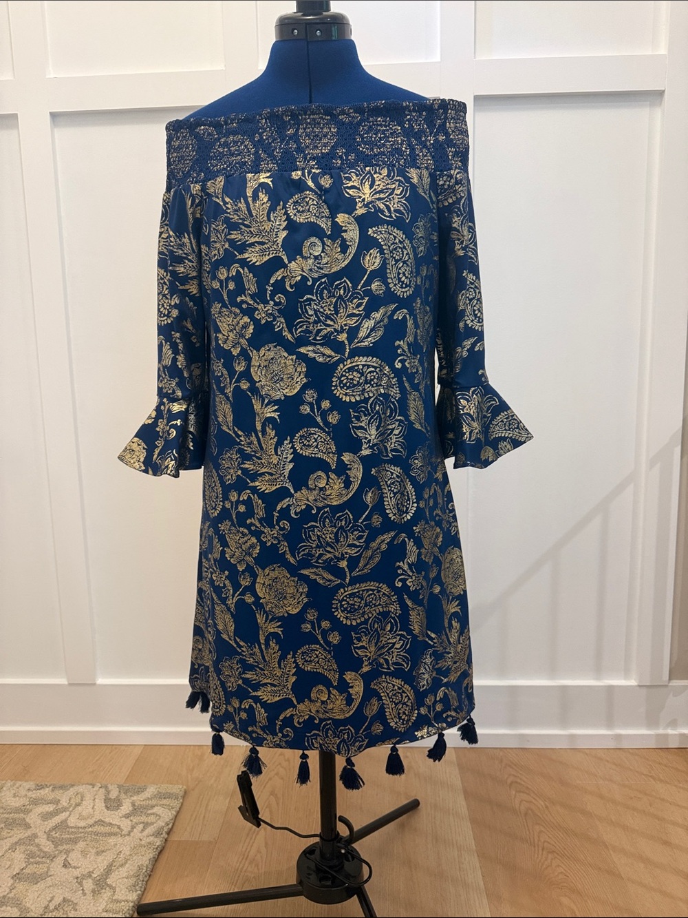 Cabana Life Navy and Gold Strapless Tassel Dress